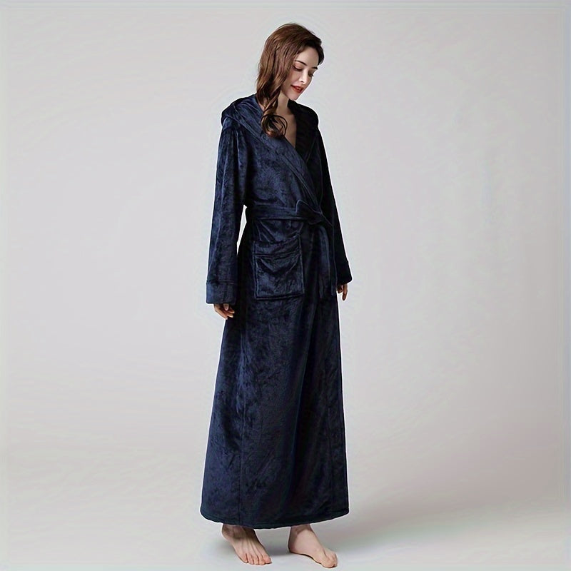 1pc Soft Coral Fleece Unisex Bathrobe - Thickened Long Sleeve Hooded Loungewear for Autumn and Winter - Plush Couple Style Bathroom Supplies for Cozy Relaxation