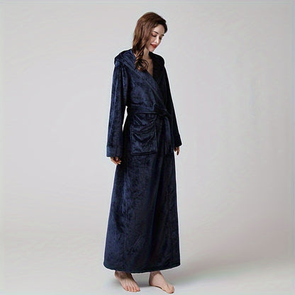 1pc Soft Coral Fleece Unisex Bathrobe - Thickened Long Sleeve Hooded Loungewear for Autumn and Winter - Plush Couple Style Bathroom Supplies for Cozy Relaxation