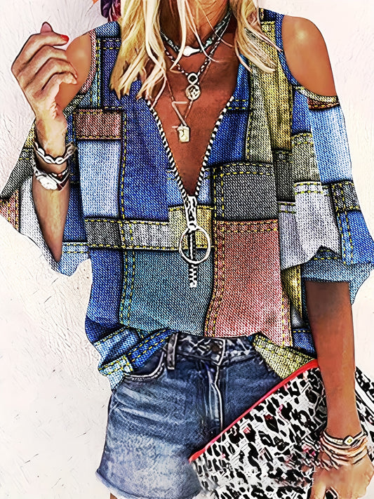 「lovevop」Half Zip Cold Shoulder T-Shirt, Casual Every Day Top, Women's Clothing