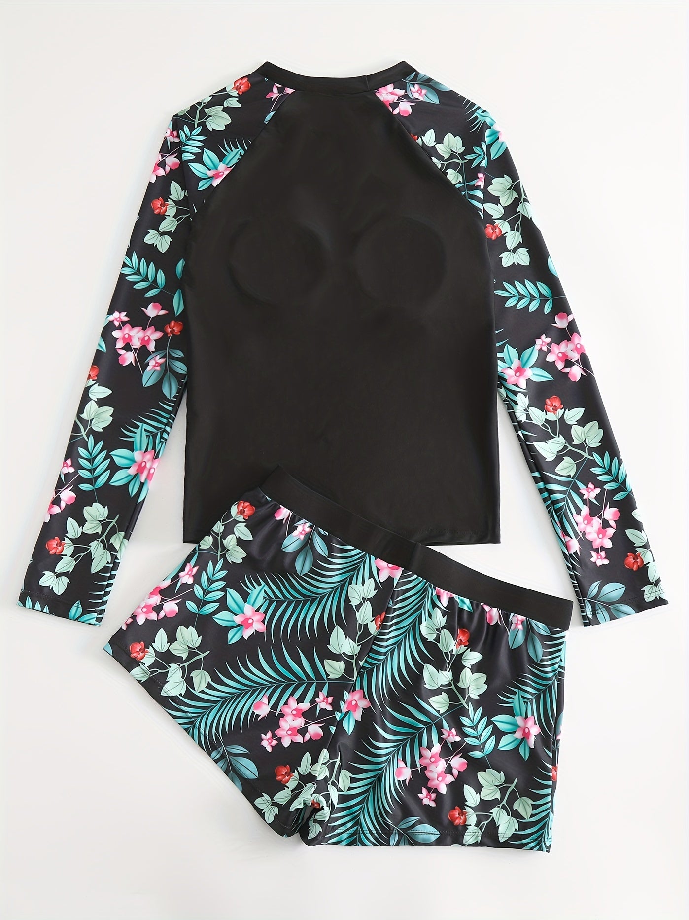 「lovevop」Colorblock Tropical Print Tankini Sets, Long Sleeves Round Neck Rash Guard Boxer Short Bottom Two Pieces Swimsuit, Women's Swimwear & Clothing