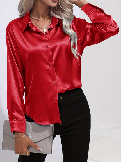 「lovevop」Solid Smoothly Shirt, Elegant Button Front Turn Down Collar Long Sleeve Shirt, Women's Clothing