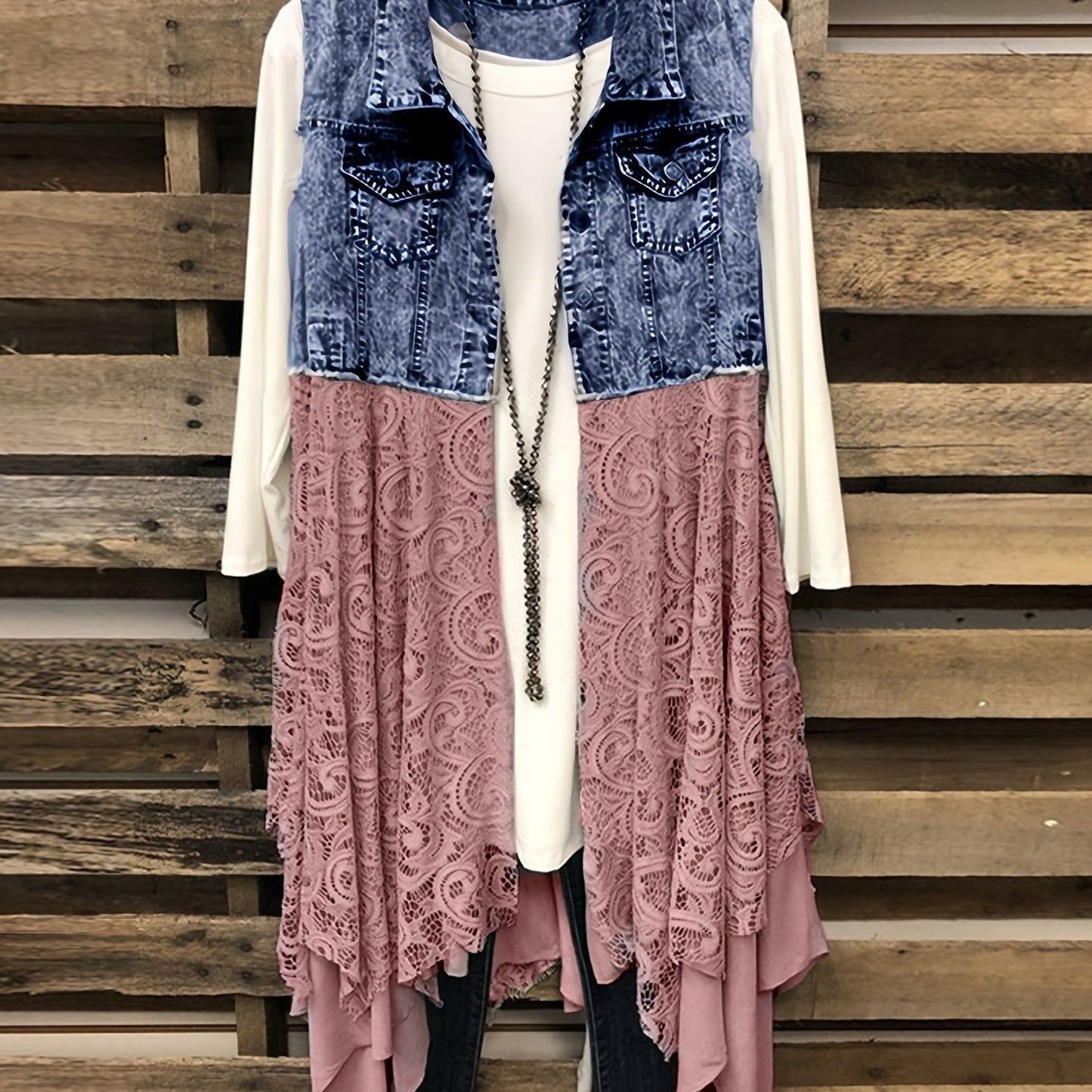 Lovevop-Lace High Low Trim Denim Vest Dress, Flap Pockets Raw Hem Lady Distressed Vest Dress, Women's Denim & Clothing