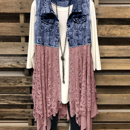 Lovevop-Lace High Low Trim Denim Vest Dress, Flap Pockets Raw Hem Lady Distressed Vest Dress, Women's Denim & Clothing