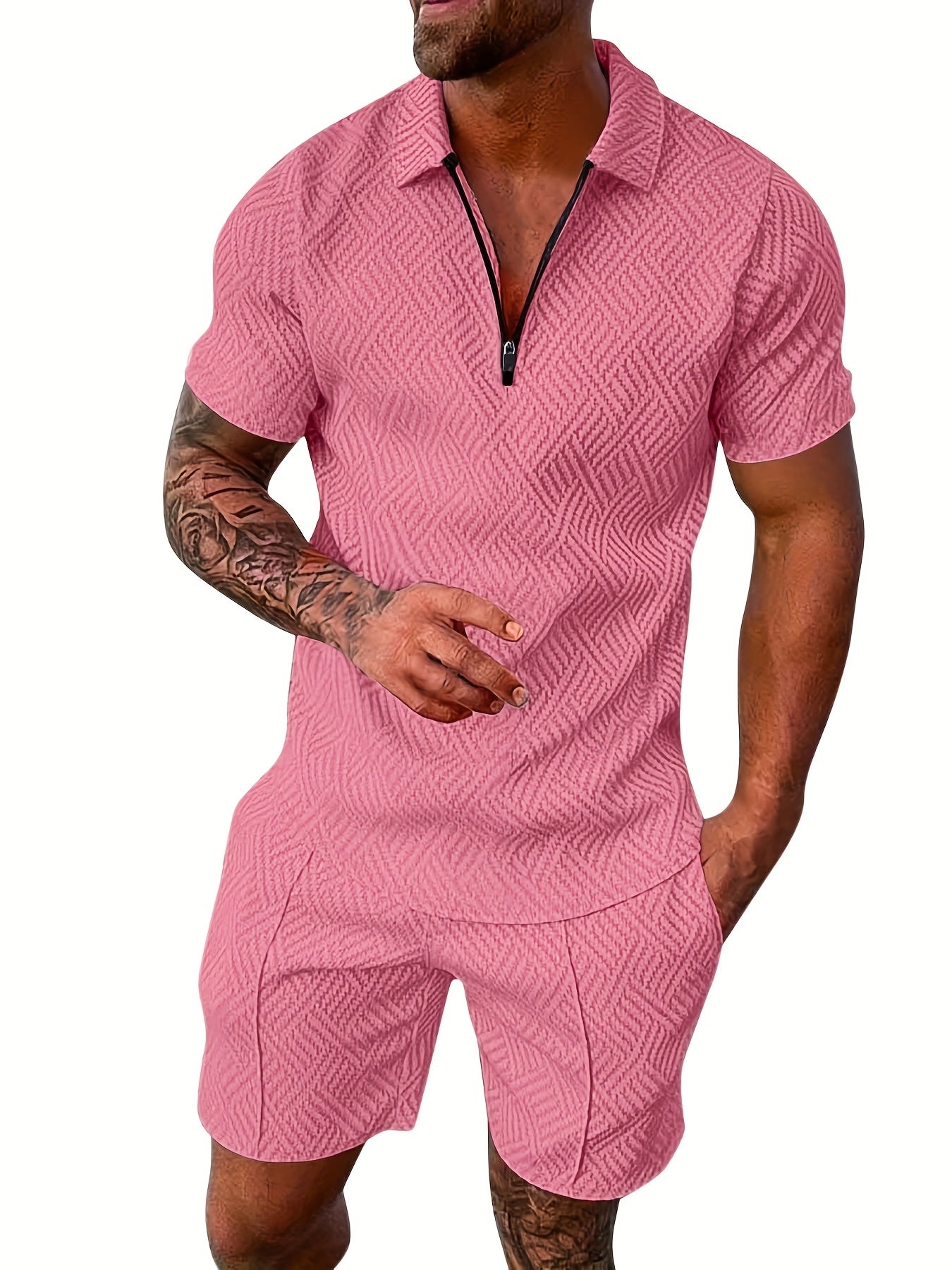 「lovevop」Men's Polyester Thin V-neck Zipper Sweatsuits With V-neck Zipper T-shirt & Shorts Christmas Gifts Best Sellers