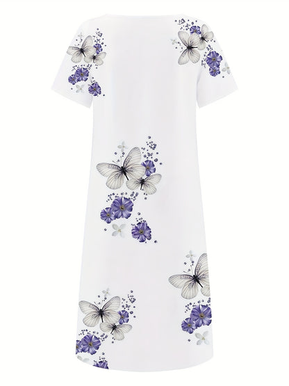 「lovevop」Floral & Butterfly Print V Neck Dress, Casual Button Front Short Sleeve Dress For Spring & Summer, Women's Clothing