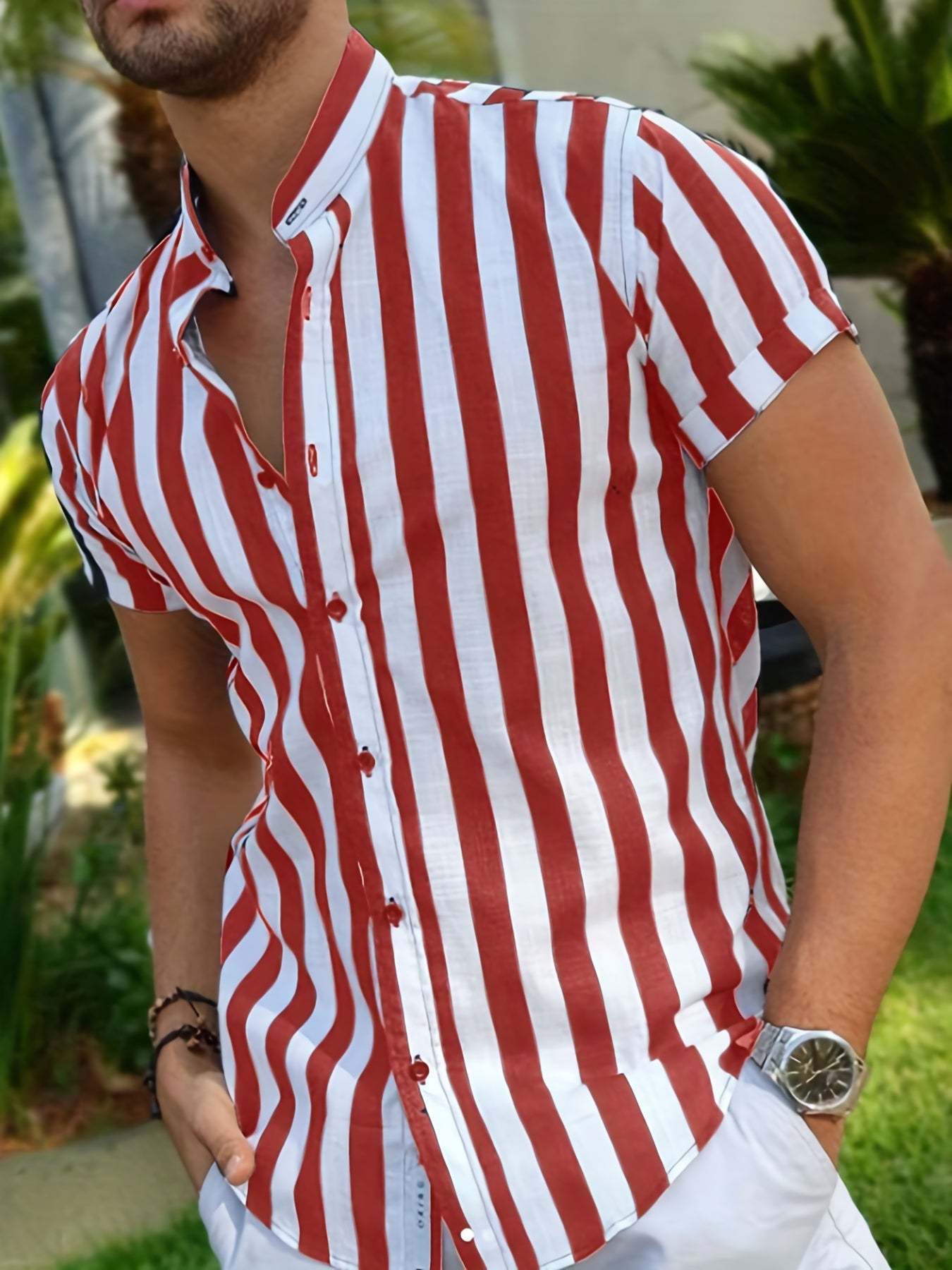「lovevop」Men's Casual Stripe Pattern Mandarin Collar Short Sleeve Shirt, Male Hawaiian Shirt For Summer