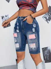 Bermuda Ripped Jeans With Pinkish Leopard Print Patchwork, High Elasticity, Comfort, Women's Fashion Denim Shorts