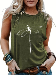 「lovevop」Dragonfly Print Tank Top, Casual Crew Neck Sleeveless Summer Tank Top, Women's Clothing