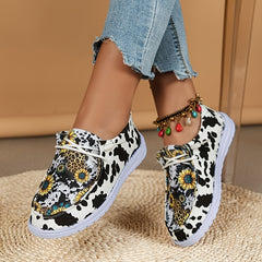 「lovevop」Women's Stylish Sunflower & Cow Print Canvas Shoes - Lightweight & Comfortable Slip Ons!