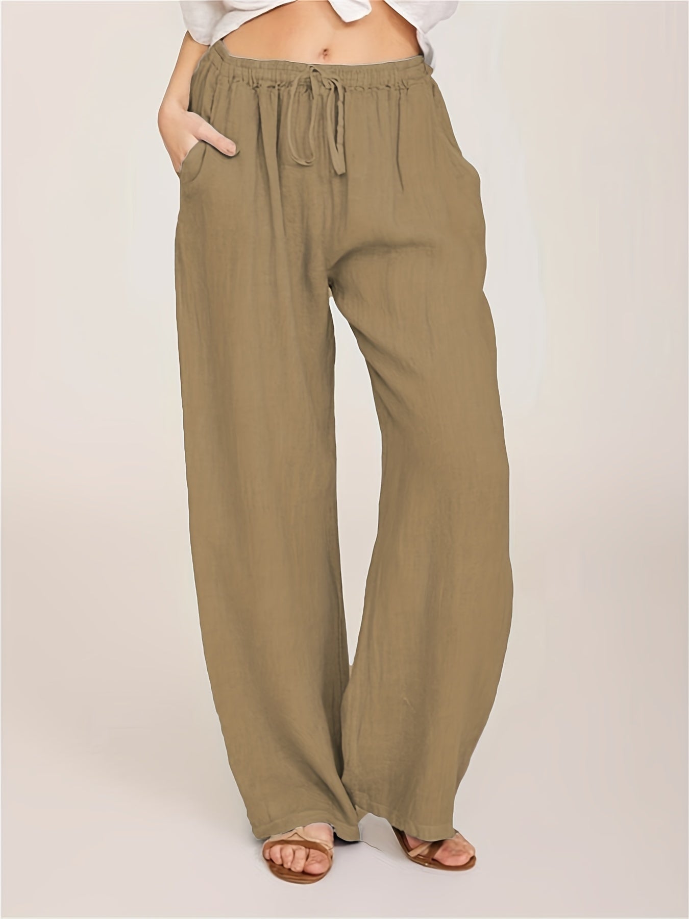 「lovevop」Drawstring Wide Leg Pants, Solid Loose Palazzo Pants, Casual Every Day Pants, Women's Clothing