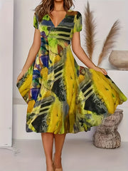「lovevop」Short Sleeve V Neck Dress, Bohemian Casual Dress For Summer & Spring, Women's Clothing
