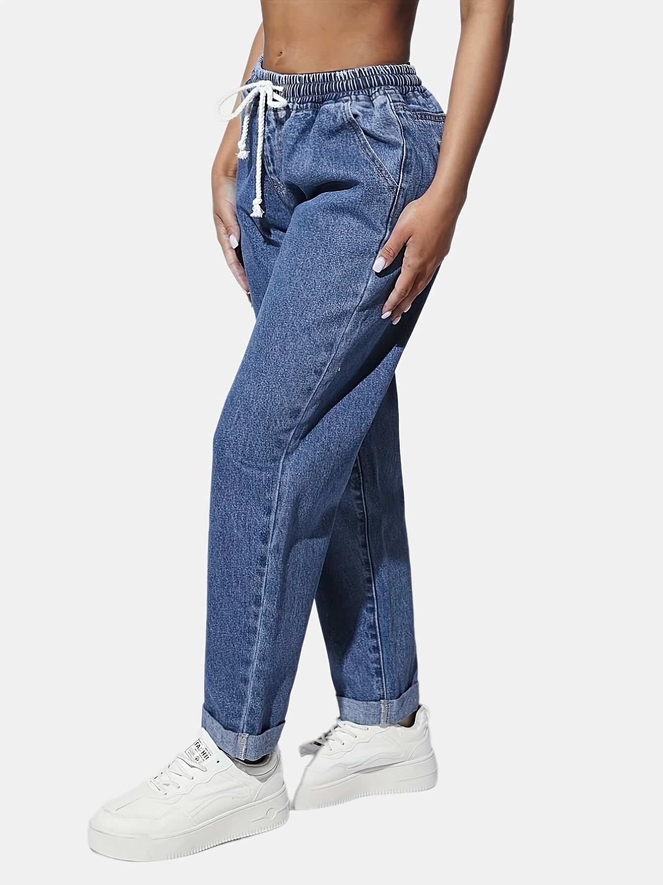 「lovevop」Blue Elastic Waist Straight Jeans, Loose Fit Slash Pockets Drawstring Denim Pants, Women's Denim Jeans & Clothing