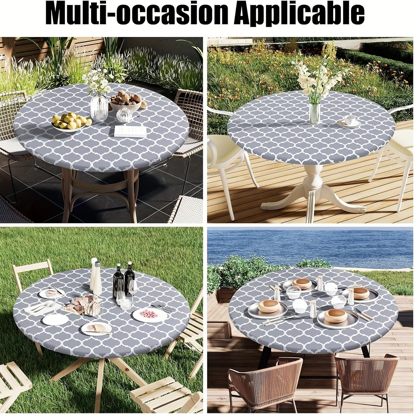 100% Vinyl Round Moroccan Tablecloth with Waterproof Oil-Proof Flannel Backing and Fitted Elasticized Edges for Outdoor, Indoor, Patio, Picnic, Camping Use