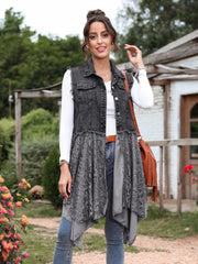 Lovevop-Raw Sleeve Trim Washed Black Denim Vest Jacket, With Long Lace Embroidery & Solid Color Skirtlike Hem, Women's Denim Jackets & Coats