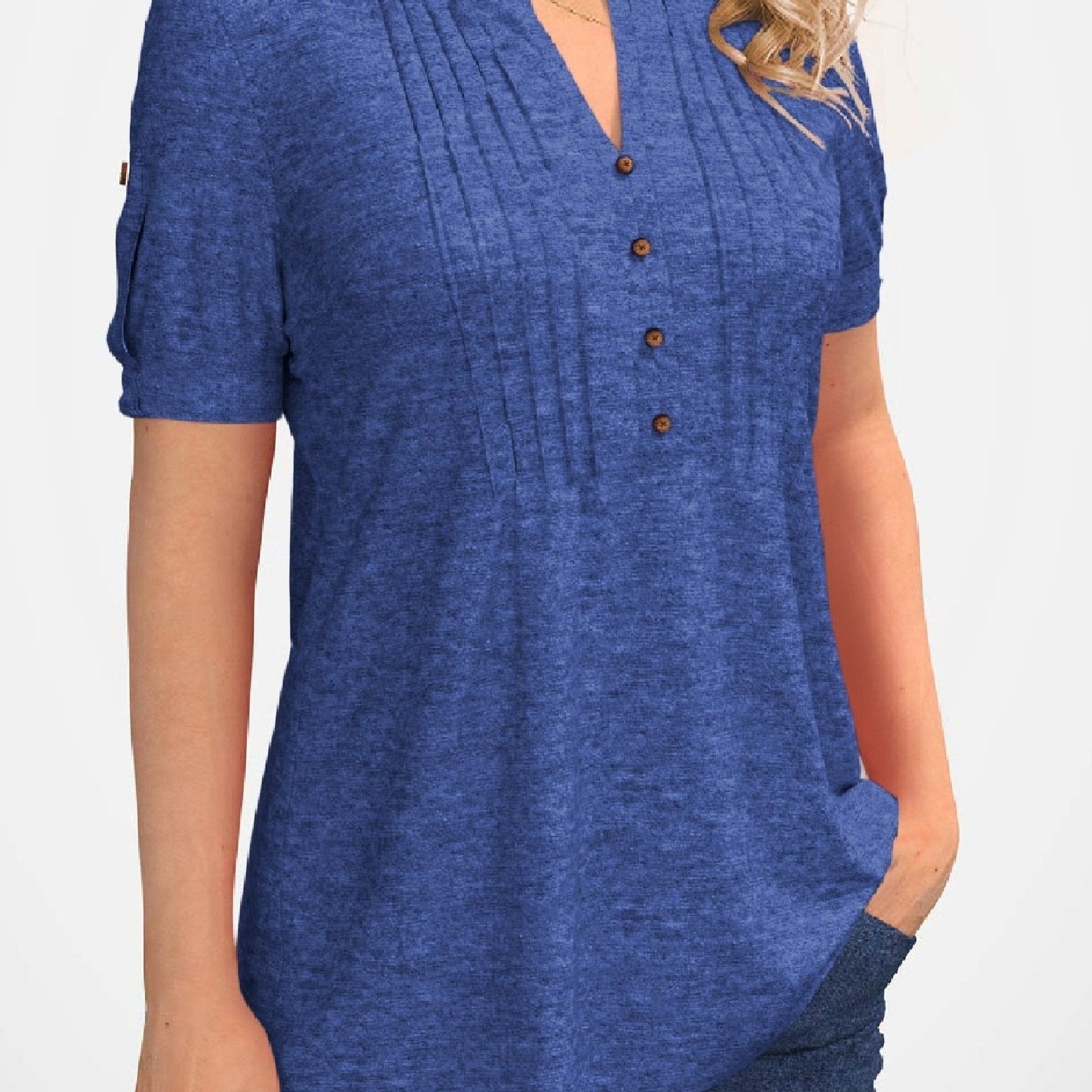 「lovevop」Women's T-shirt Casual Crew Neck Solid Pleated Button Short Sleeve Loose Fashion Summer T-shirt