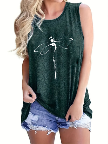 「lovevop」Dragonfly Print Tank Top, Casual Crew Neck Sleeveless Summer Tank Top, Women's Clothing