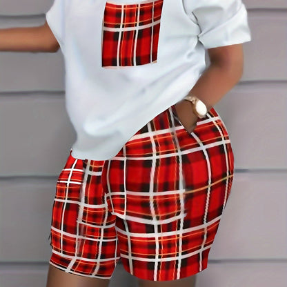 「lovevop」Casual Plaid Two-piece Shorts Set, Short Sleeve T-shirt & Slant Pockets Shorts Outfits, Women's Clothing