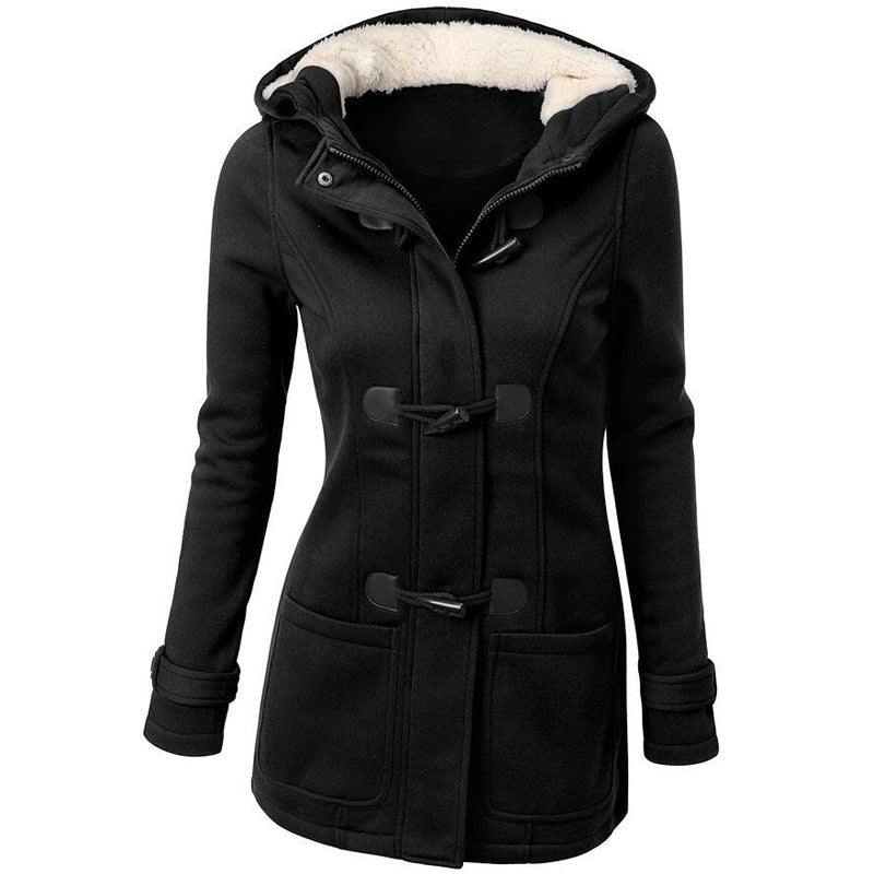 LOVEVOP explosion autumn and winter hooded blended horn leather buckle medium and long coat jacket cotton clothes women thickened