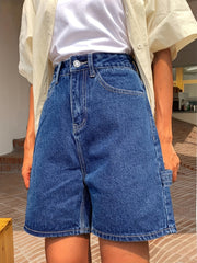 「lovevop」Navy Blue Casual Denim Shorts, Slash Pockets Straight Legs Non-Stretch Short Denim Pants, Women's Denim Jeans & Clothing