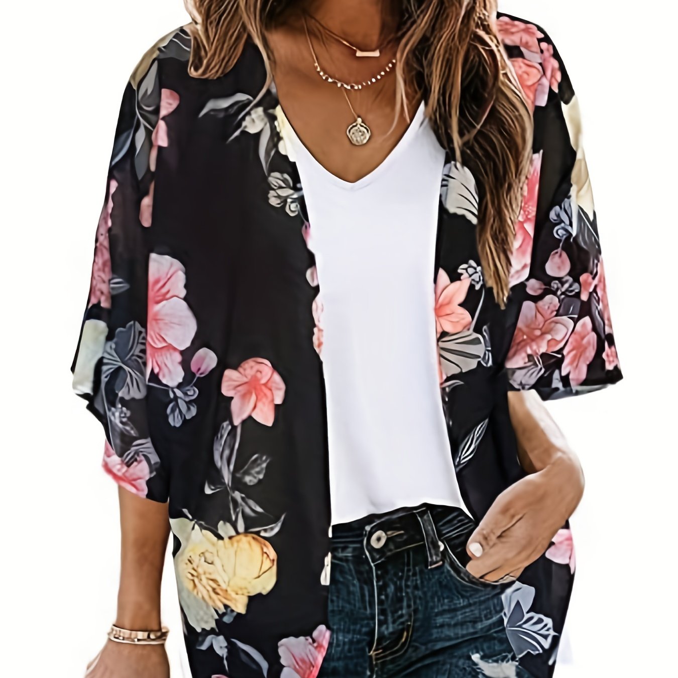 「lovevop」Floral Print Chiffon Blouse, Boho Open Front 3/4 Sleeve Beach Wear Cover Up Blouse, Women's Clothing