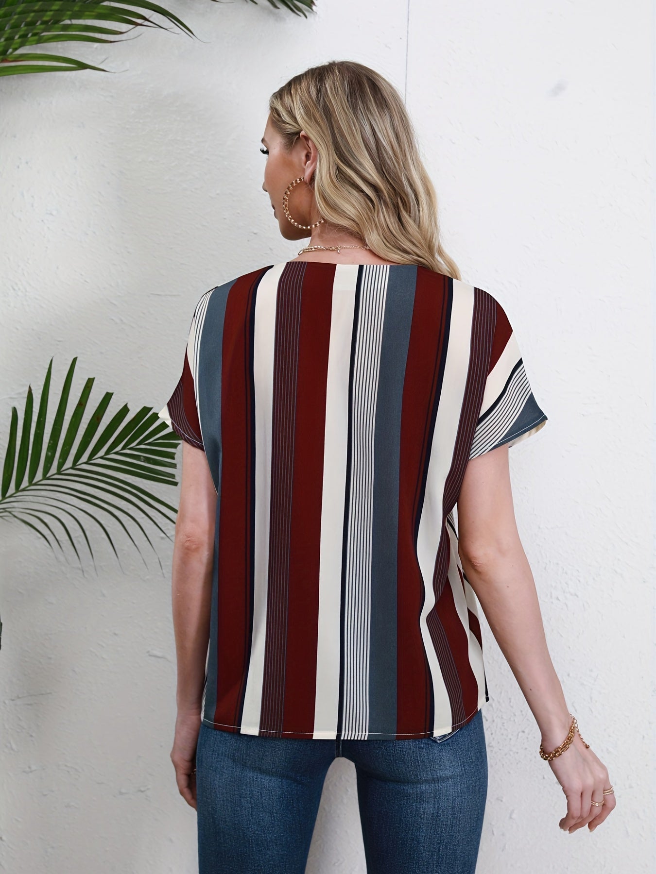 「lovevop」Striped Notched Neck Blouse, Casual Short Sleeve Blouse For Spring & Summer, Women's Clothing