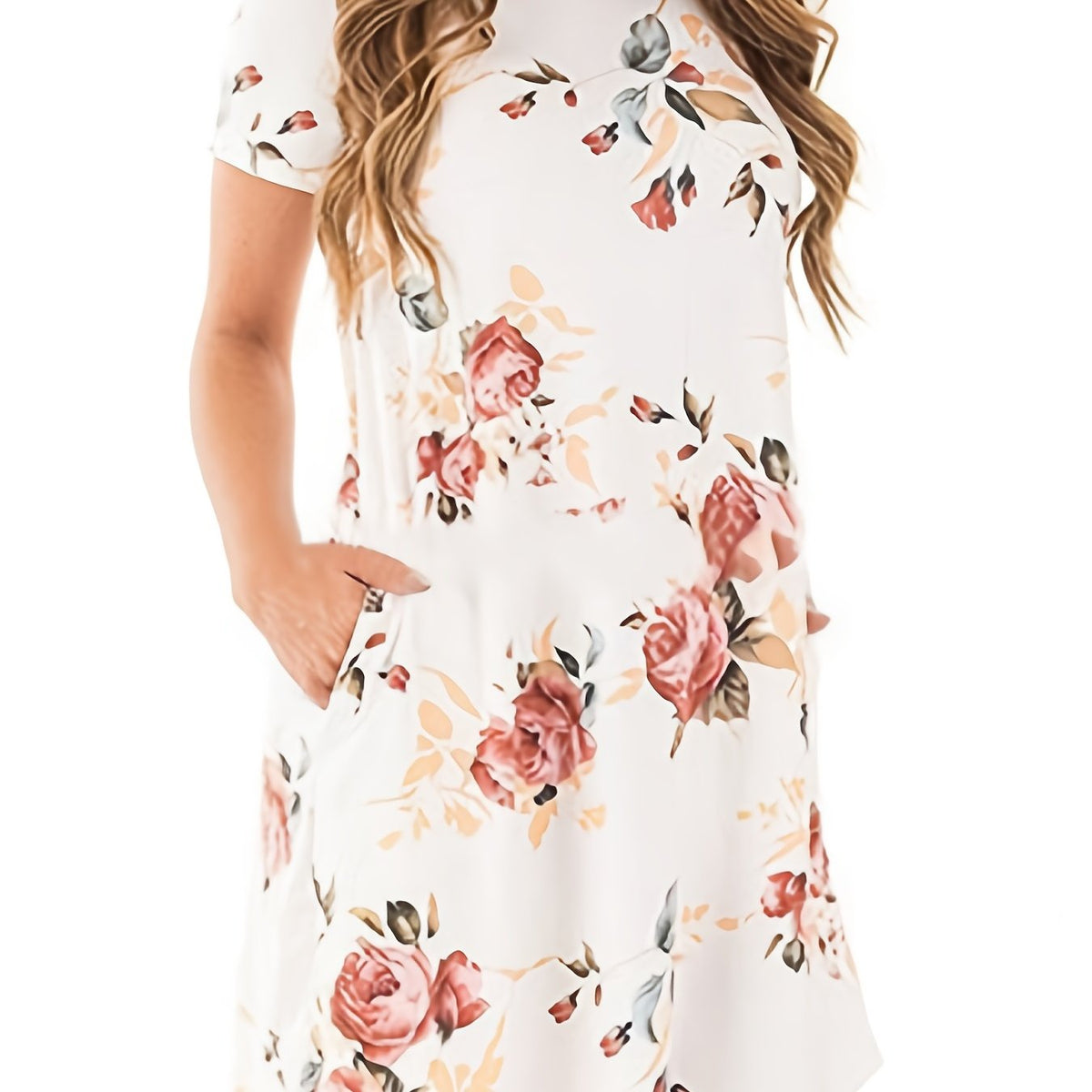 「lovevop」Random Floral Print Pocket Dress, Casual Crew Neck Short Sleeve Dress, Women's Clothing