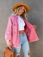 Lovevop-Pink Raw Hem Ripped Denim Jackets, Oversized Distressed Long Sleeve Frayed Fringe Denim Coats, Women's Denim Jackets & Clothing