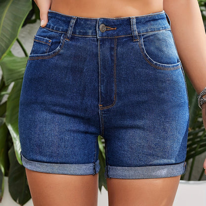 「lovevop」Blue Rolled Hem Denim Shorts, Slash Pockets High-Stretch Casual Short Denim Pants, Women's Denim Jeans & Clothing