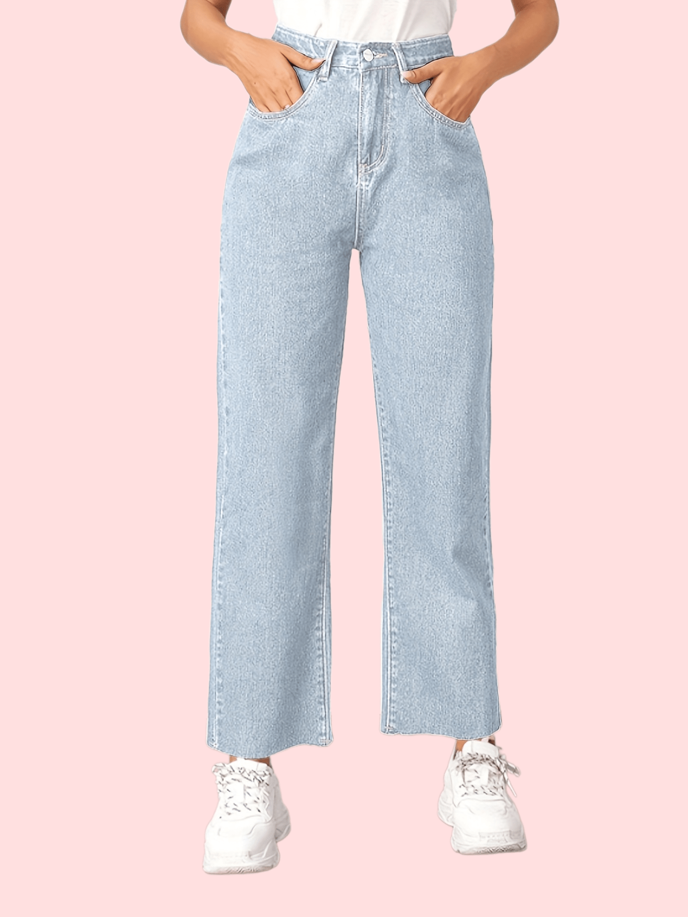 「lovevop」Blue High Waist Straight Jeans, Loose Fit Wide Legs Slash Pockets High Rise Denim Pants, Women's Denim Jeans & Clothing