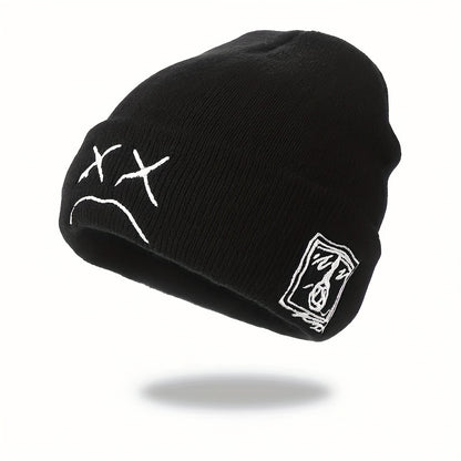 Trendy Sad Face Embroidery Graphic Beanie - Skullies & Beanies with Cuffed Design, Black & White Knit, Hip Hop Style, Casual Wear for Women and Men - Fashionable Winter Accessories