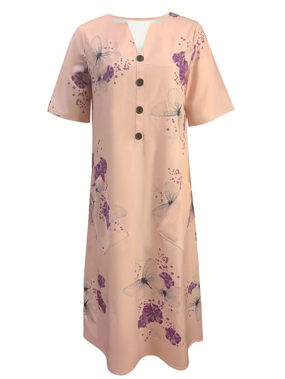 「lovevop」Floral & Butterfly Print V Neck Dress, Casual Button Front Short Sleeve Dress For Spring & Summer, Women's Clothing