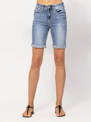 「lovevop」Blue Rolled Hem Short Denim Pants, Slim Fit Slash Pockets High-Stretch Short Denim Trousers, Women's Denim Jeans & Clothing
