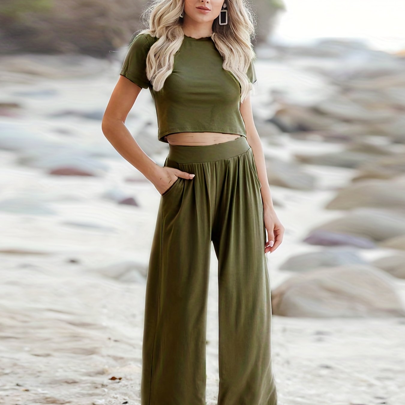 Casual Matching Two-piece Set, Short Sleeve T-shirt & Wide Leg Pants Outfits, Women's Clothing