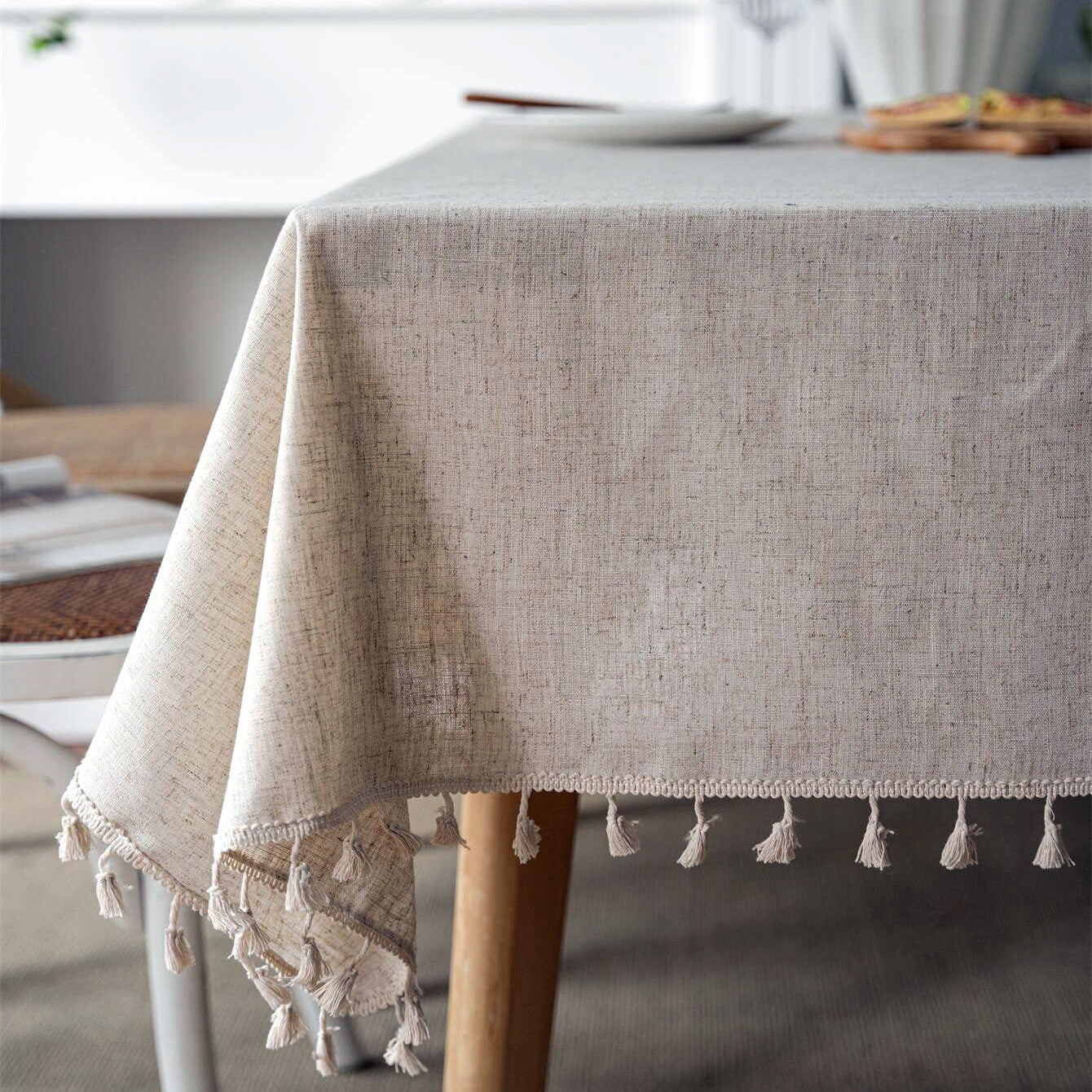 Linen Farmhouse Tablecloth - Beige Fringed Dust-Resistant Cover with Elegant Western Style - Perfect for Buffet, Holiday Dinner, Party, Banquet, Kitchen, Restaurant, and Wedding Rectangular Tables