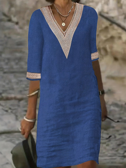 「lovevop」Guipure Lace V Neck Dress, Casual Short Sleeve Dress For Spring & Summer, Women's Clothing