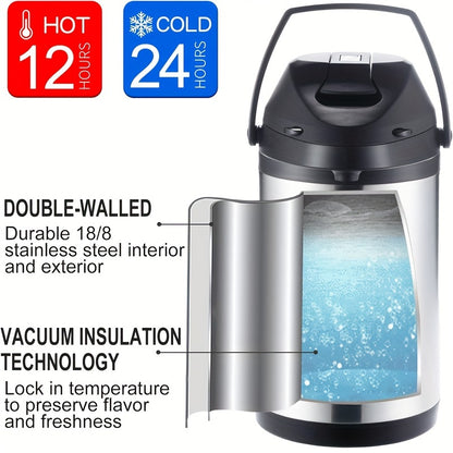 1pc Insulated Coffee Pot, Thermal Insulation Kettle, Insulated Hot Beverage Pot, Coffee Cup Insulated 2.5L (85OZ) Stainless Steel Large Beverage Dispenser, Cold/ Hot Water Lever Action, Summer Winter Drinkware, Home Kitchen Items Travel Accessories