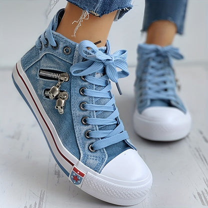 「lovevop」Women's Denim High Top Sneakers, Fashion Skull Zipper Decor Lace Up Shoes, Casual Walking Shoes