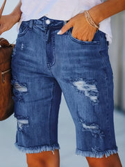 「lovevop」Blue Raw Hem Denim Shorts, Ripped Holes Mid-Stretch Slash Pockets Bermuda Short Denim Pants, Women's Denim Jeans & Clothing