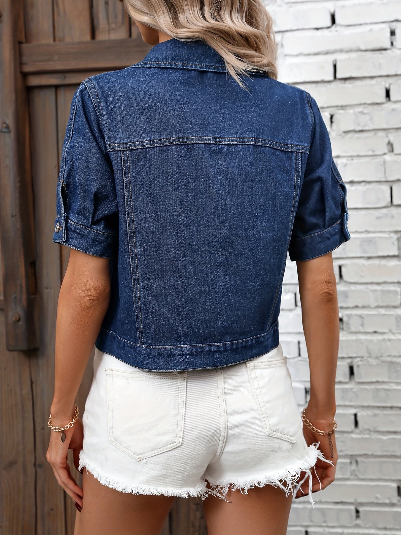 Lovevop-Dark Blue Short Sleeves Denim Coats, Single-Breasted Button Flap Pockets Lapel Denim Jackets, Women's Denim Clothing