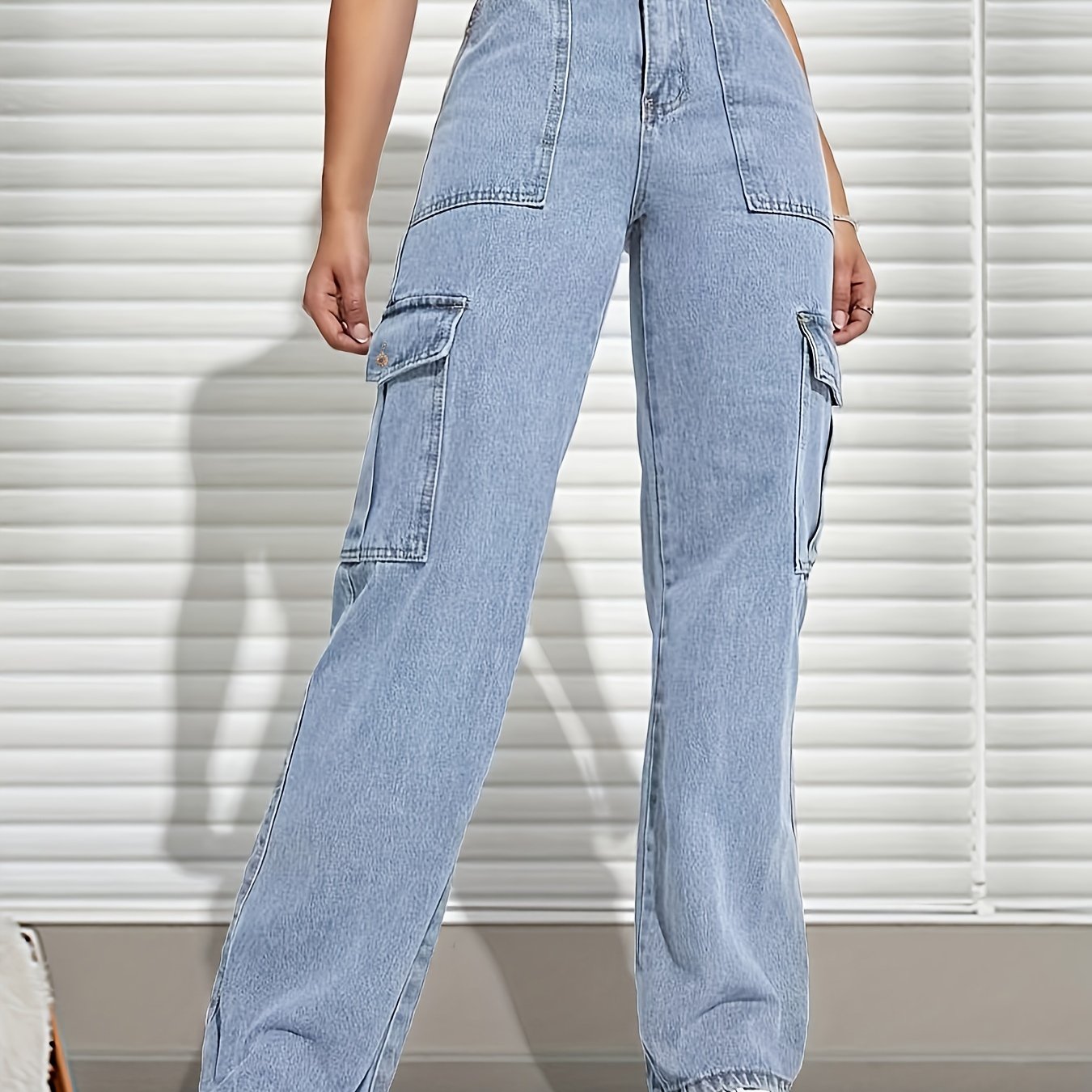 「lovevop」High Rise Light Wash Cargo Denim Pants, Loose Multi-pocket Street Style Cargo Jeans, Women's Denim Jeans & Clothing