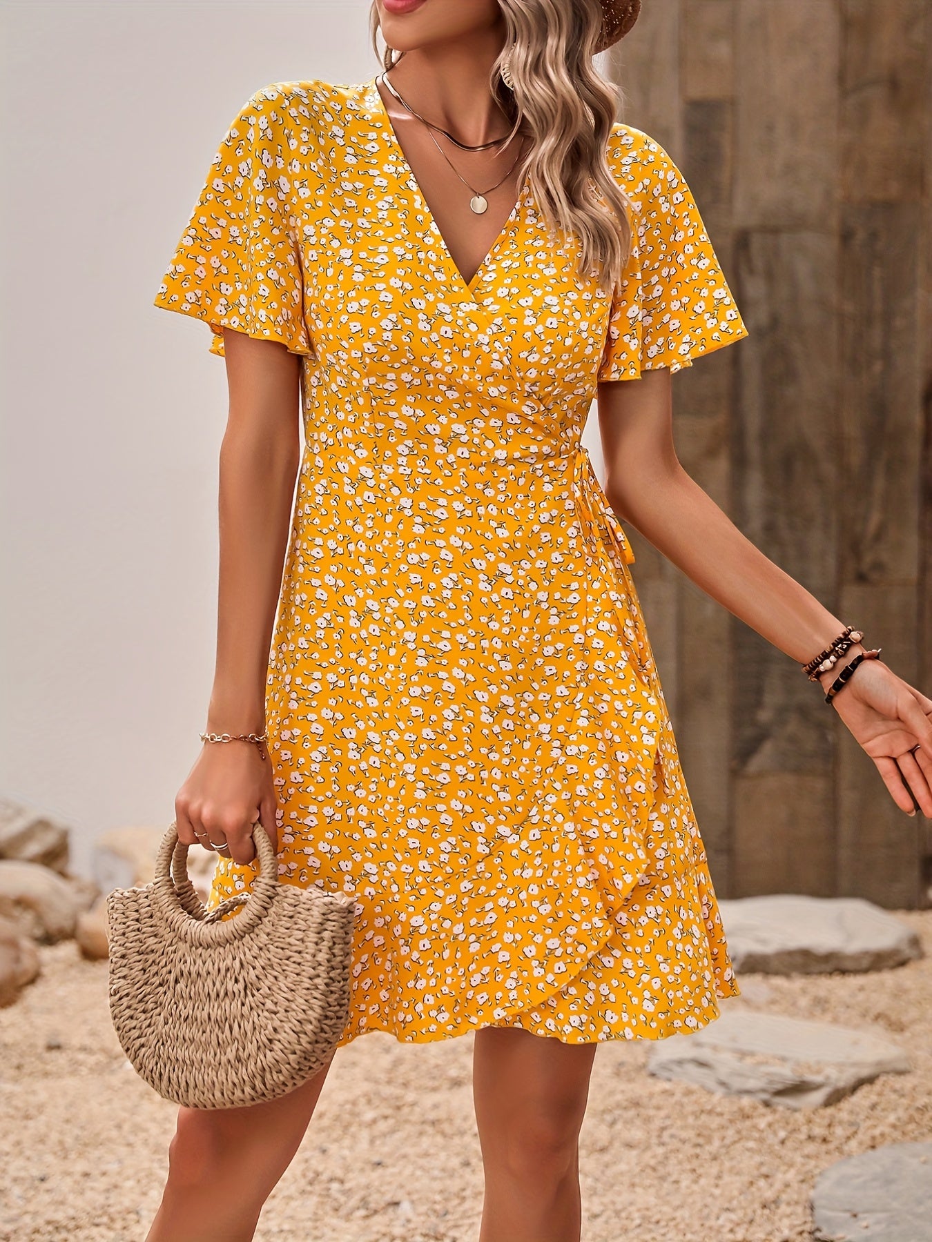 「lovevop」Ditsy Floral Print Dress, Vacation Knotted V Neck Short Sleeve Summer Dress, Women's Clothing