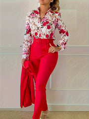 Two-Piece Elegant Outfit Set - Floral Print V-Neck Long Sleeve Blouse with Micro Elasticity and Solid Belted Tapered Pants - Polyester Knit Fabric, Random Printing, All Seasons, No Sheer