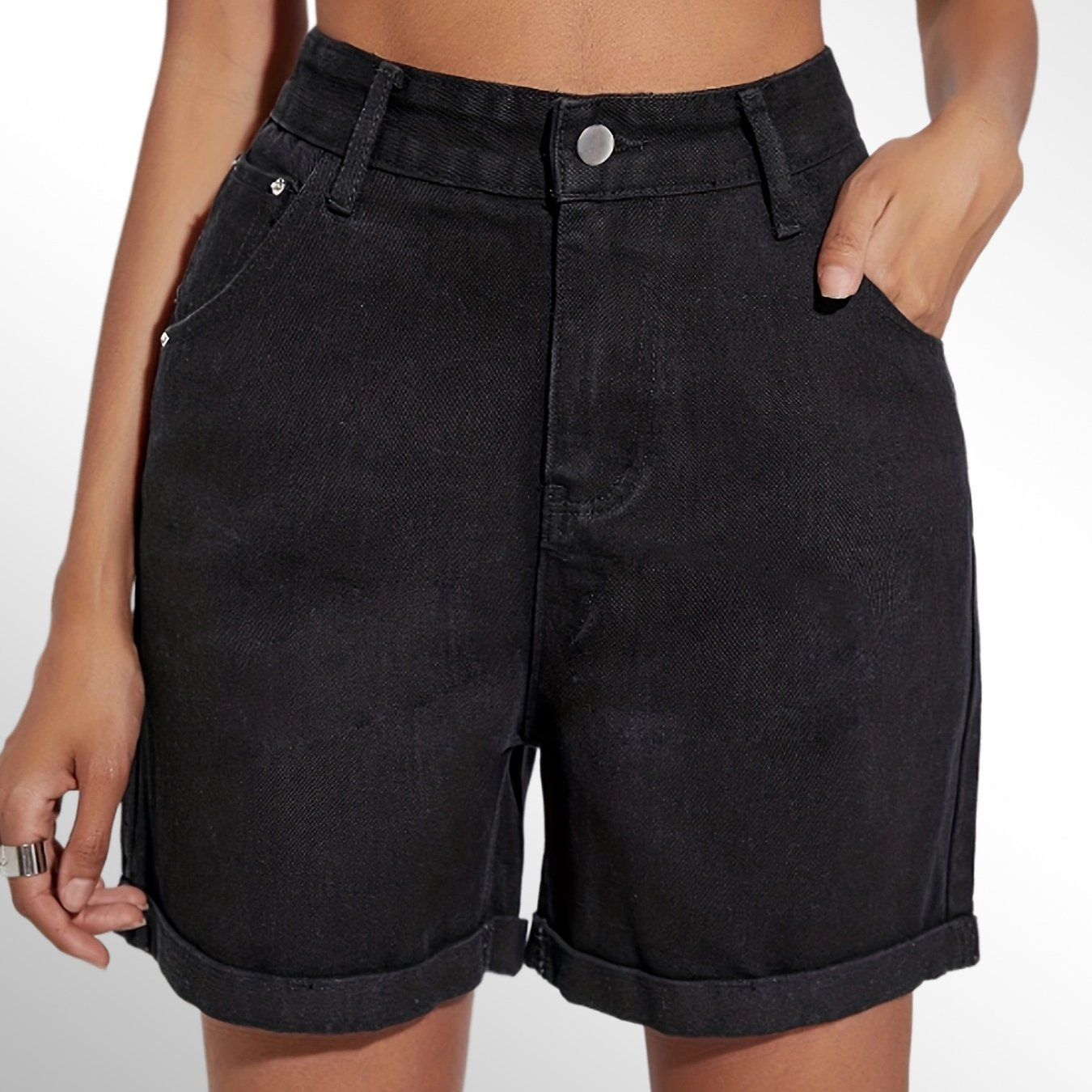 「lovevop」High Waist Short Denim Pants, Rolled Hem High Rise Slash Pockets Slim Fit Short Denim Jeans, Women's Denim Jeans & Clothing