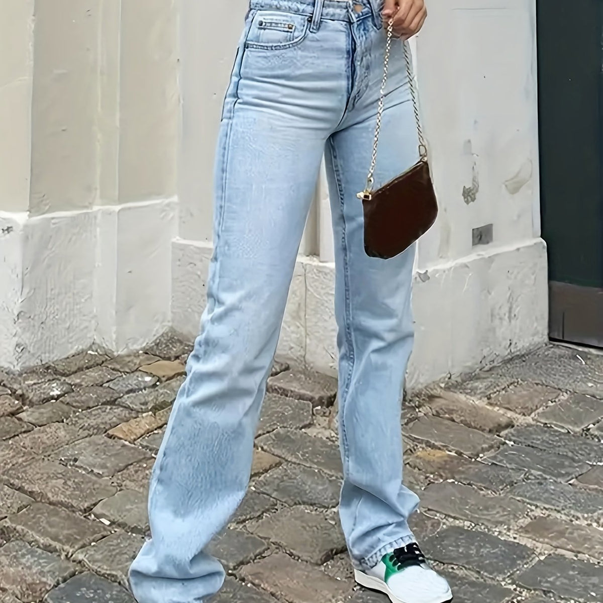 「lovevop」Light Blue Loose Fit Straight Jeans, Mid Waist Slash Pockets Non-Stretch Denim Pants, Women's Denim Jeans & Clothing