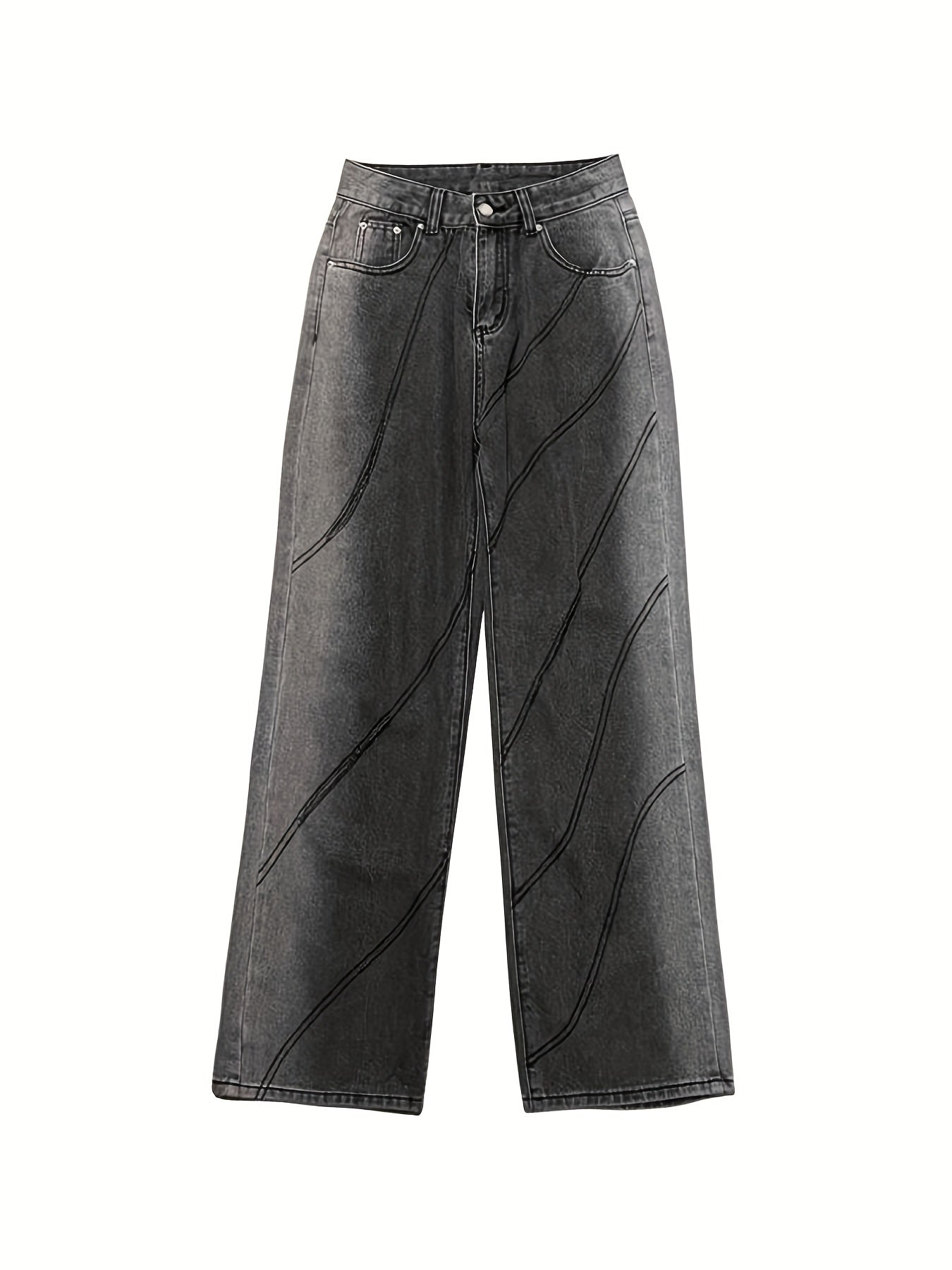 「lovevop」Cut Out Stitching Detail Wide Leg Jeans, Dark Grey Washed Zipper Button Closure Street Style Denim Pants, Women's Denim Jeans & Clothing