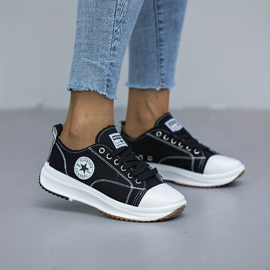 「lovevop」Women's Platform Canvas Shoes, Solid Color Round Toe Lace-up Sneakers, Casual Low Top Shoes