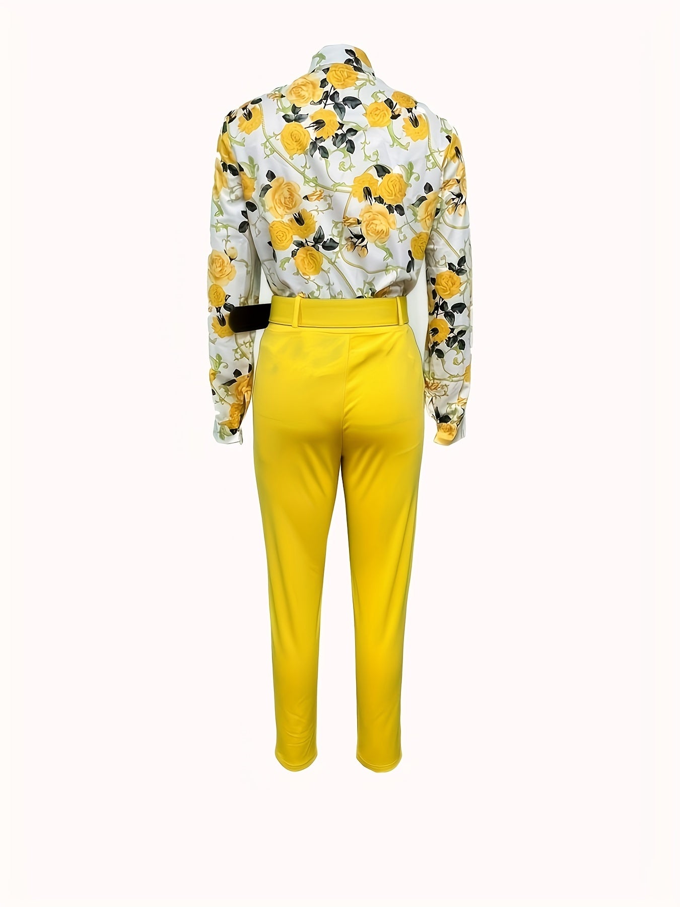 Two-Piece Elegant Outfit Set - Floral Print V-Neck Long Sleeve Blouse with Micro Elasticity and Solid Belted Tapered Pants - Polyester Knit Fabric, Random Printing, All Seasons, No Sheer