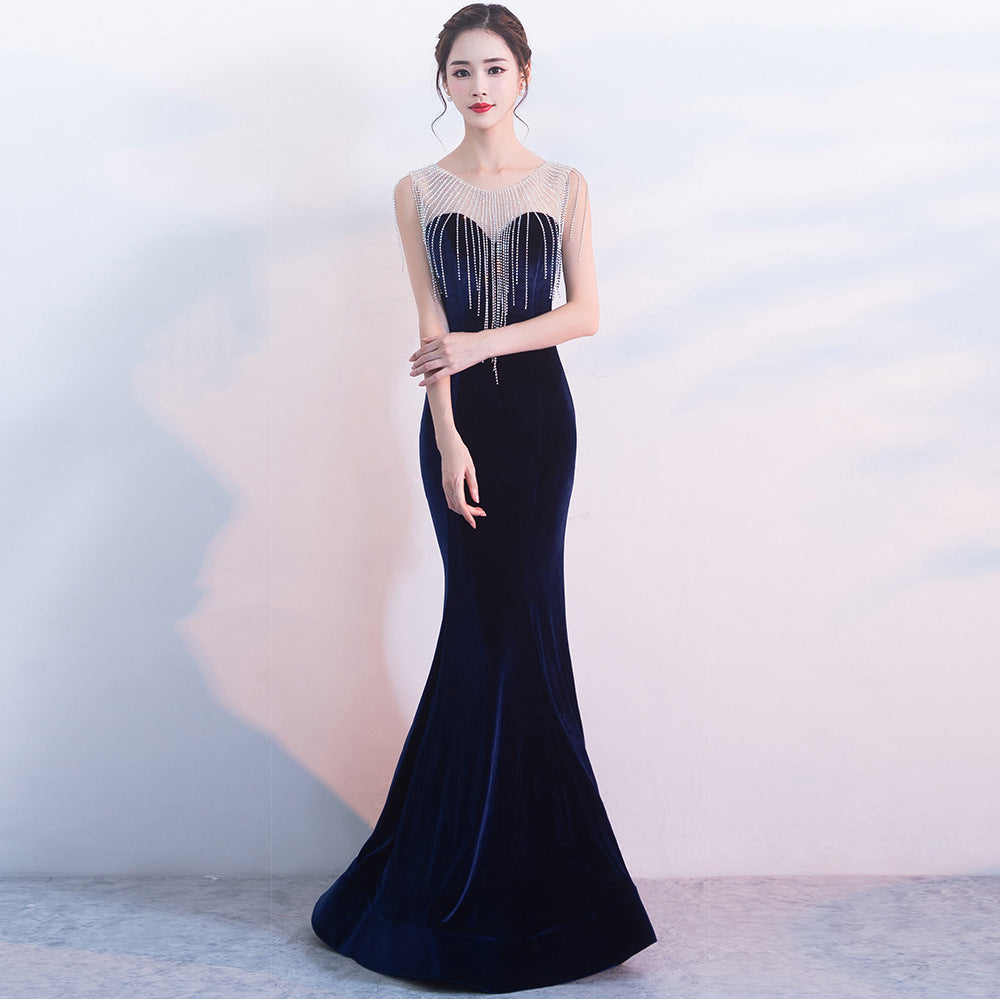8288 #velvet rhinestone evening dress new banquet long slim elegant fishtail annual meeting host