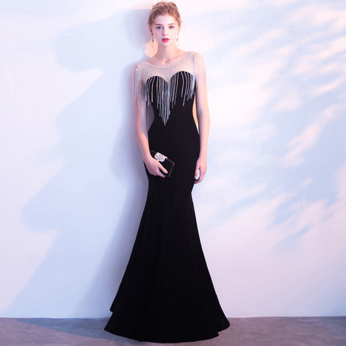 8288 #velvet rhinestone evening dress new banquet long slim elegant fishtail annual meeting host