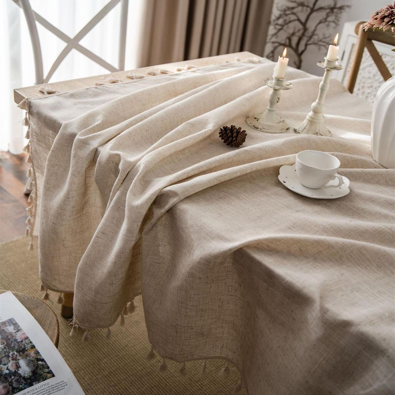 Linen Farmhouse Tablecloth - Beige Fringed Dust-Resistant Cover with Elegant Western Style - Perfect for Buffet, Holiday Dinner, Party, Banquet, Kitchen, Restaurant, and Wedding Rectangular Tables